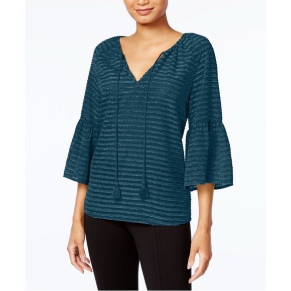 Kensie Tops - Kensie Women Striped Ruffle-Sleeve Sheer Top Blue Teal Size  L NWT
